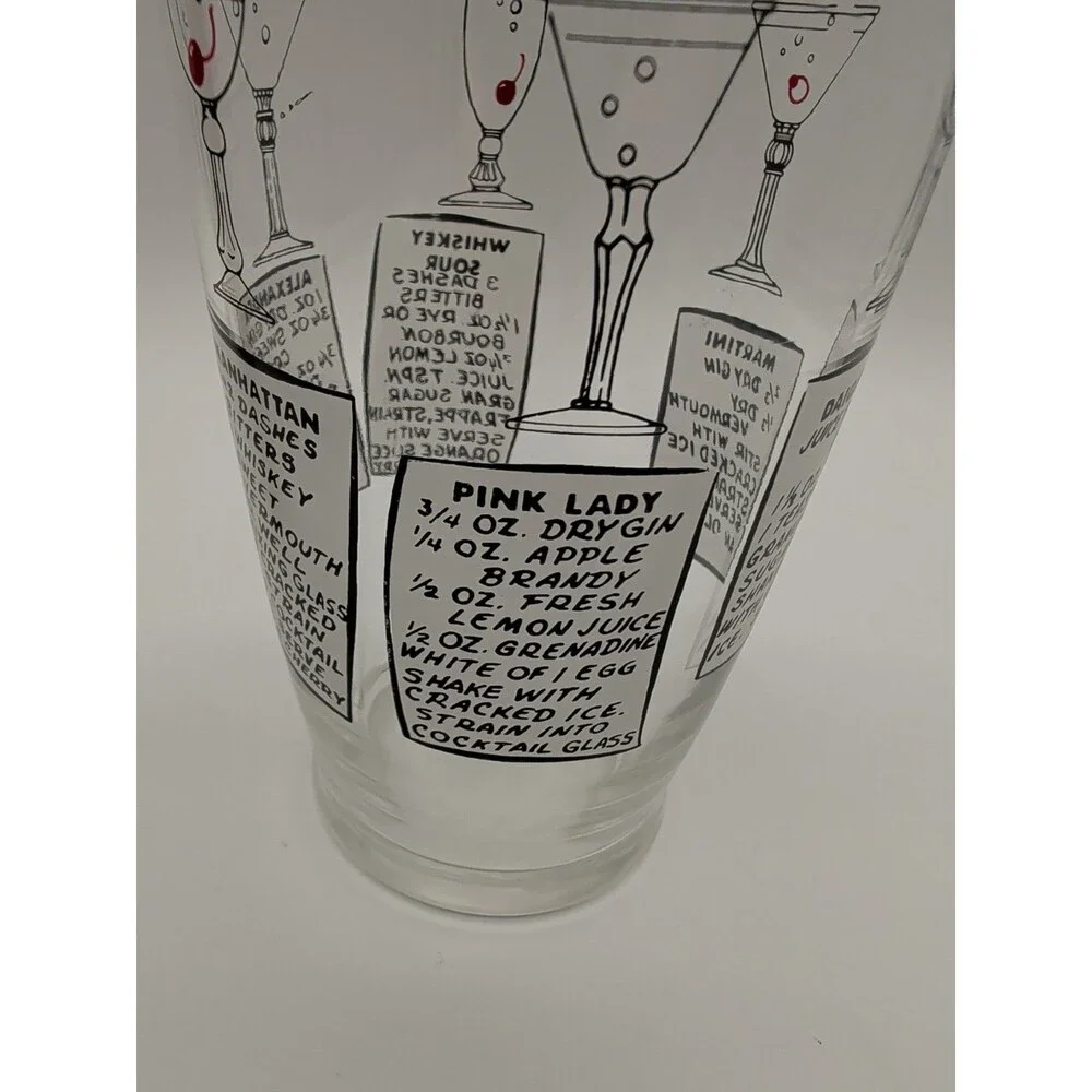 Vtg MCM XLarge 32-Oz Glass Cocktail Shaker Recipes 2 Lids Martini Daiquiri